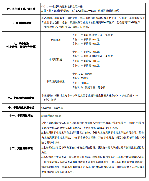 2023年上海市商贸旅游学校自主招生章程